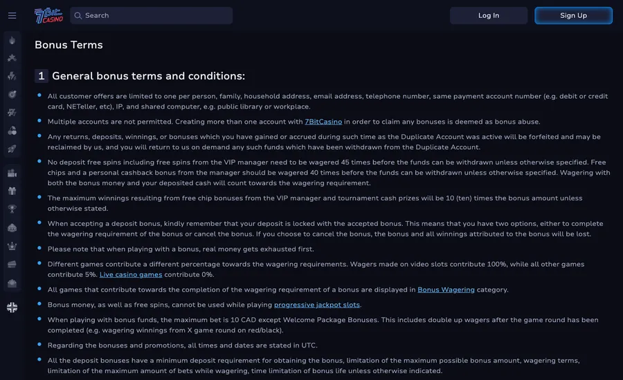 The 7Bit Casino bonus terms page, listing the four deposit legs with their percentages, ceilings and bonus codes