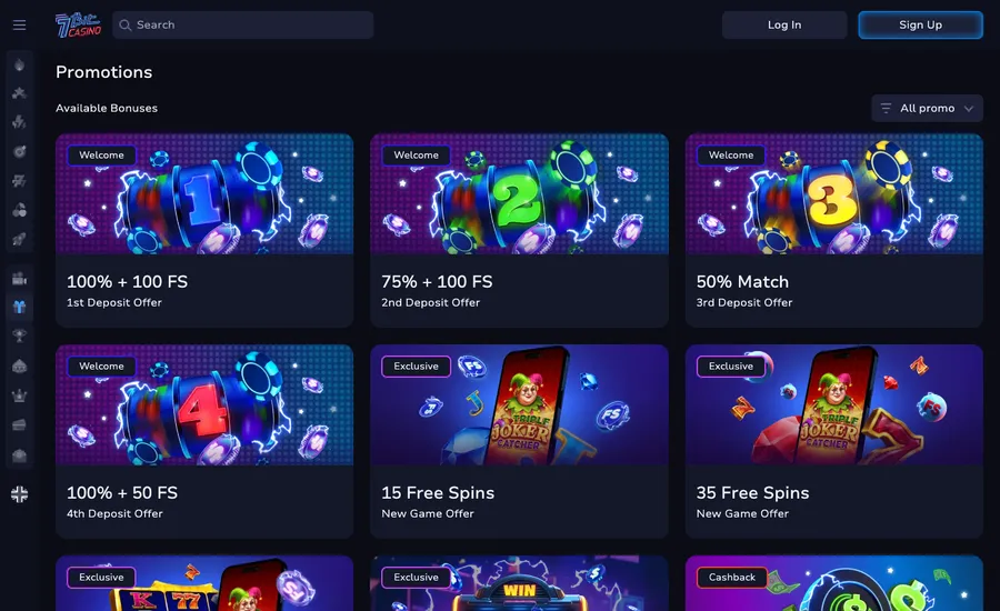 The 7Bit Casino promotions page, a grid of bonus cards from the four welcome legs to Telegram free spins