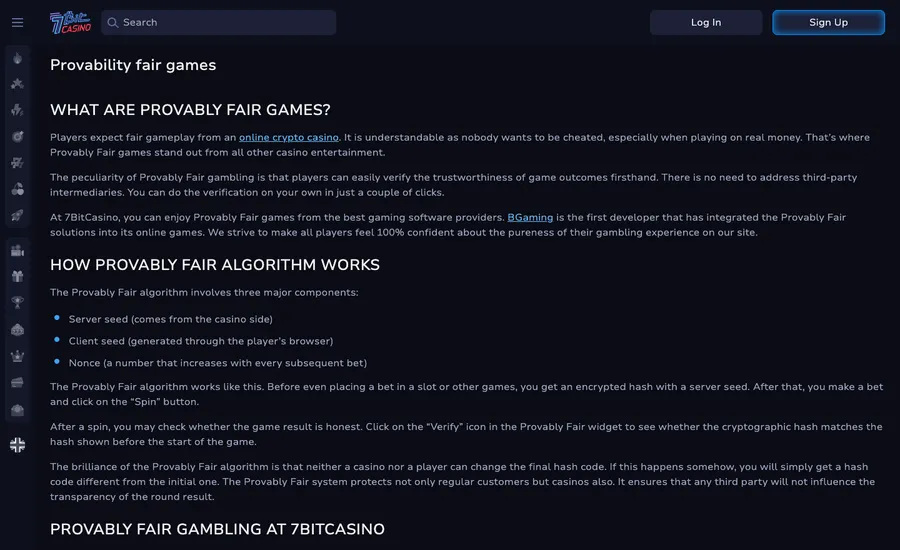 The 7Bit Casino provably fair page explaining client seed, server seed and SHA-256 verification