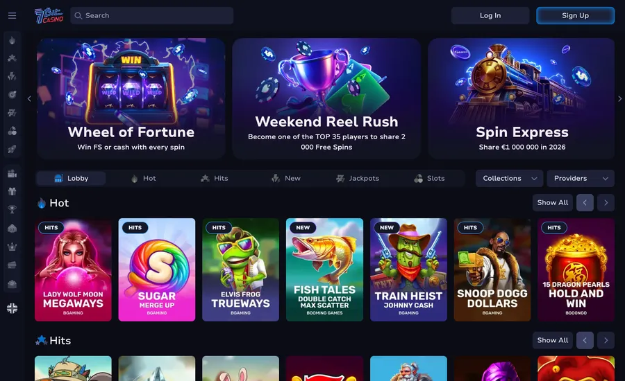 7Bit Casino homepage on a dark navy page: a search bar, three promotion cards and rows of game tiles