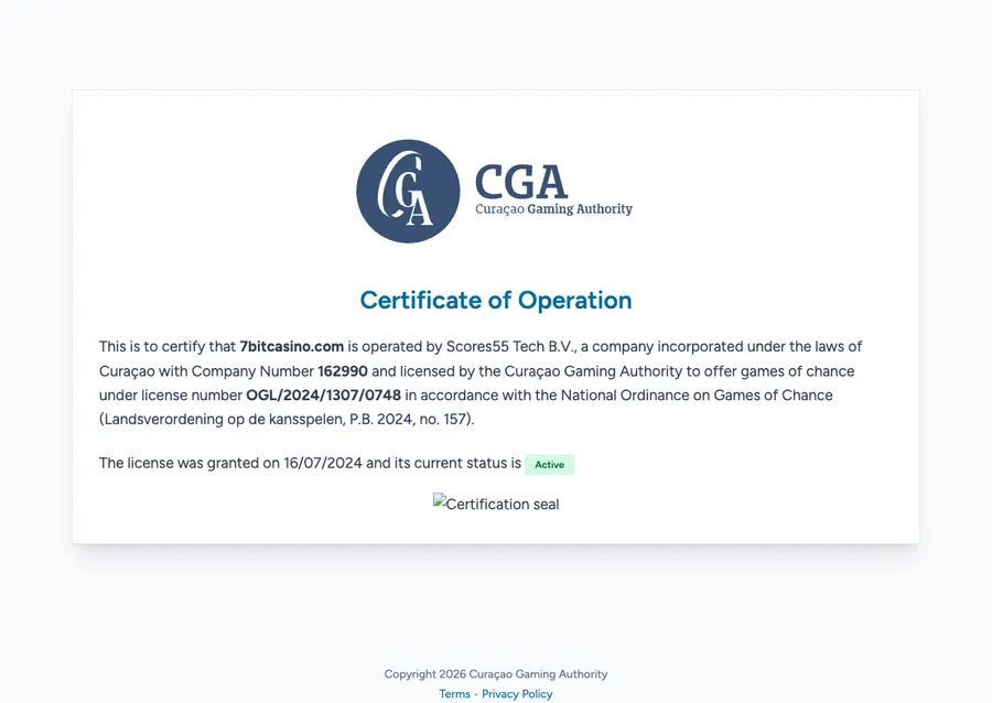 Curaçao Gaming Authority Certificate of Operation naming 7bitcasino.com, Scores55 Tech B.V., licence OGL/2024/1307/0748, status Active
