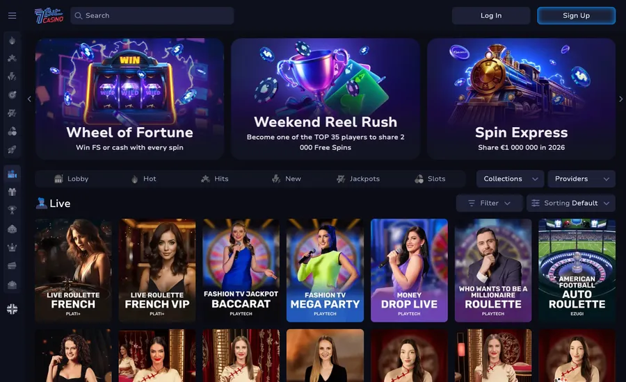 The 7Bit Casino live dealer lobby with tables from Evolution and Pragmatic Play Live