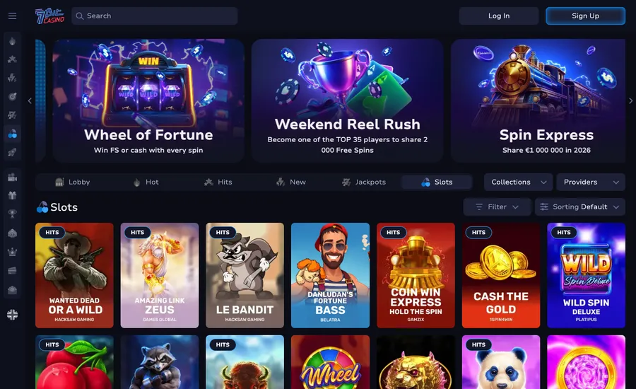 The 7Bit Casino slots lobby, a wall of game tiles with a provider filter