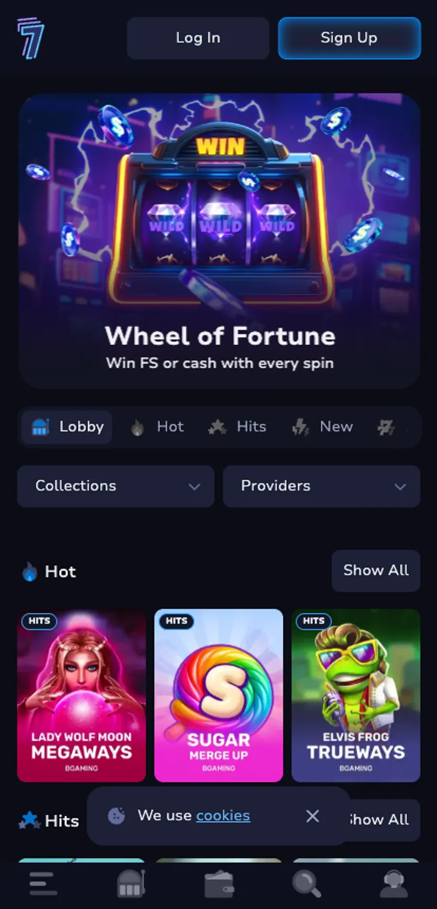 7Bit Casino on a 414px mobile viewport with a sticky bottom navigation bar