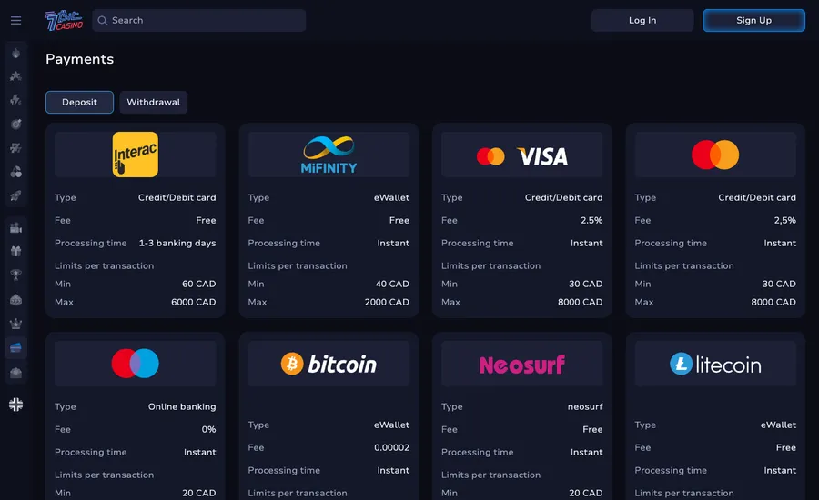 The 7Bit Casino payments table showing rows of fees, clearing times and CAD minimums beside payment logos