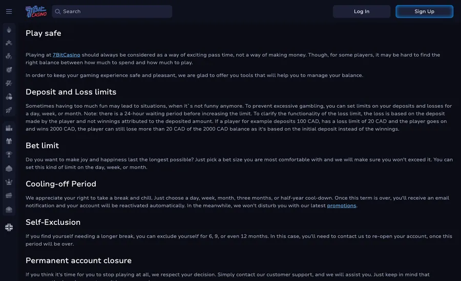 The 7Bit Casino Play Safe page listing deposit limits, cooling-off and self-exclusion options