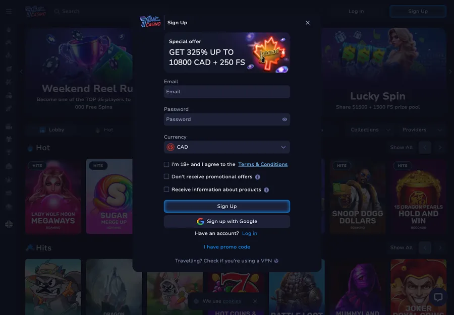 The 7Bit Casino registration modal from a Canadian connection, showing email, password and a currency selector set to CAD