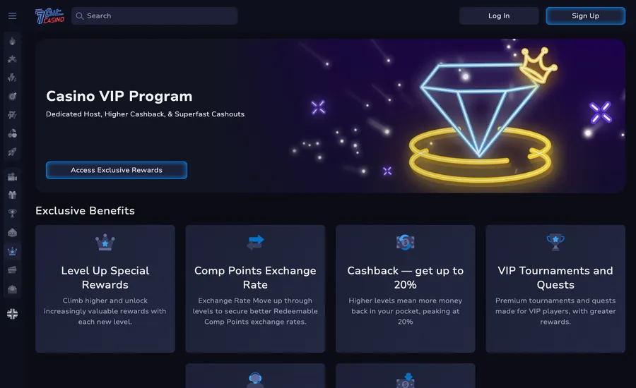 The 7Bit Casino VIP page showing twelve levels and the comp point exchange rates
